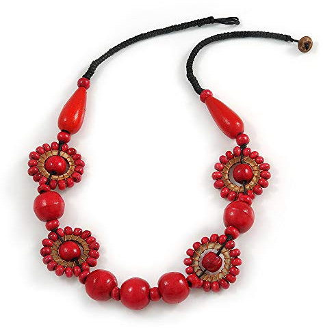 Avalaya Collana etnica in corda nera con perline in legno rosso – 60 cm L, Misura unica, Legno Cordoncini legno, nero, rosso.