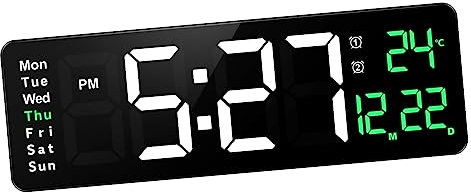 ABOOFAN Wanduhr Großes Display Digitale Wanduhr Alarm Temperatur Datum Wochentag Anzeige 16in Grün Digitale
