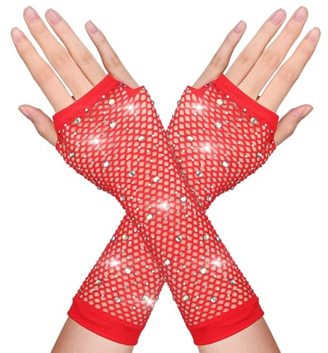 DIVINA VITAE Damen Netzhandschuhe mit Strasssteine Rot Glitzernde Netz Handschuhe Lange Fingerlose Handschuhe Armstulpen 80er Jahre Retro Disco Party Halloween Maskerade Kostüm Zubehör