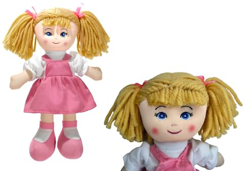 Bambola di Pezza stoffa Grande cm 30 Morbida e Sicura Bambola con Trecce e Vestitino in Lana, Colori Assortiti