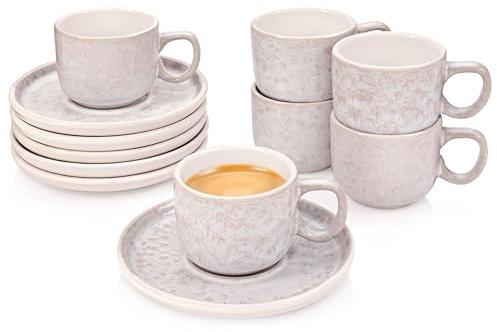 SÄNGER Key West | Espressotassen Set Steingut 12 teilig, Mokka Tassen Set 6 Personen, Tassen & Untertassen - spülmaschinen- & mikrowellenfest - Creme mit sandiger Maserung 80 ml | VALUE COLLECTION
