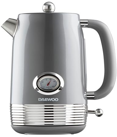 Daewoo Denver 1.5L Rapid Boil Kettle – Smoked Grey, 3000W Fast Boil, Temperature Gauge, 360° Base, Retro Vintage Design, Ideal for Home, Office, and Gifting