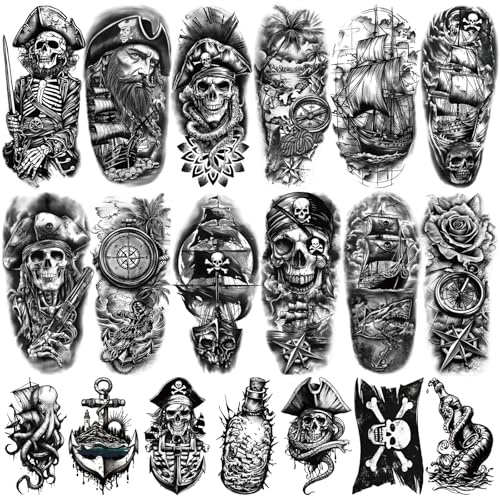 77 feuilles de tatouages ​​temporaires de pirates pour adultes, tatouages ​​de capitaine, d'ancre, de boussole, de voilier, de bateaux pirates, de faux tatouages ​​de bras pour hommes et femmes
