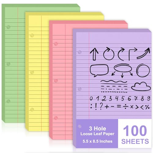 100 Sheets Mini Binder Loose Leaf Paper 5.5 x 8.5 Small Binder Filler Paper Lined College Ruled Paper for Mini 3 Ring Binder 3 Hole Punched Notebook Paper Pocket Folders for School Supplies (100)
