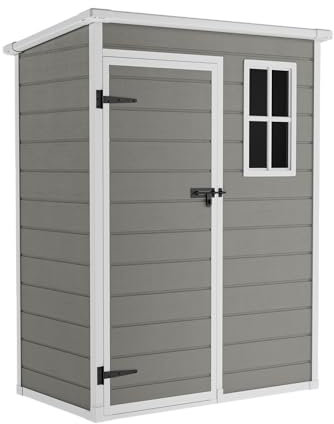 STEELSØN Novara Gerätehaus aus Kunststoff - Geräteschuppen wasserdicht, wetterbeständing - Gartenhaus Pultdach, Aluminiumrahmen - Gartengerätehalter in Grau Außenmaß 192/183x92x151 cm