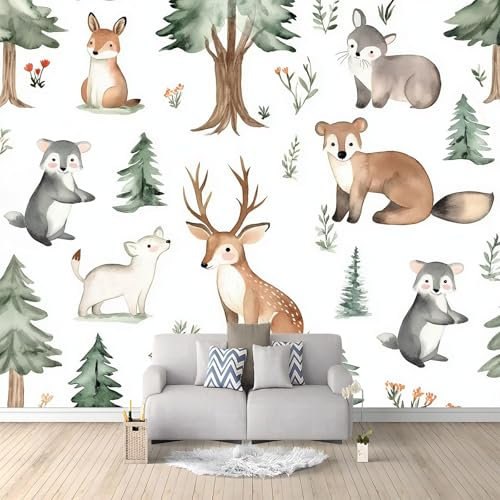Papier Peint Panoramique 3D Animaux de la forêt à l'aquarelle, Poster Mural Personnalisé - Autocollant Mural Blanc Pour Salon Chambre À Coucher Couloir restaurant Décoration 300 x 210 CM