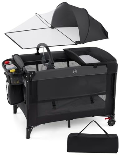 COSTWAY 5 in 1 Beistellbett, Reisebett Baby mit Matratze, Babybett höhenverstellbar mit Wickelauflage, Mosktionetz & Spielbogen, Stubenwagen mit Rollen & Tragetasche für bis 36 Monaten, Schwarz