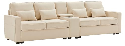 Azkoeesy Sofá moderno de 4 plazas de tela de lino estilo simple con consola 2 portavasos 2 puertos USB 4 cojines adecuado para la sala de estar (beige)