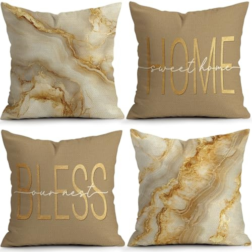 OBSEDE Inspirational Beige Marble Decorative Throw Pillow Covers 18 × 18 in, Set of 4, Couch Cushion Cases Inserts for Sofa Bed Living Room Home Decor, Single-Sided Print