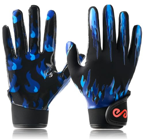 Syltra Youth Football Gloves Kids with Ultra Sticky Palm Flag Receiver Gloves, Fire Blue Youth XS/S