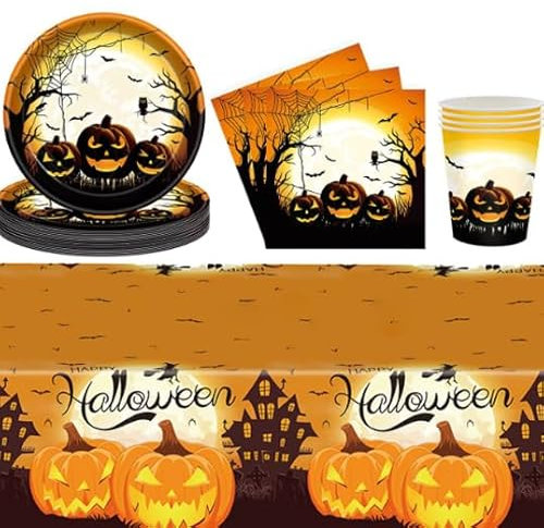 MestectPET 57 Pezzi Stoviglie per Feste Halloween, Piatti Bicchieri Tovaglioli e Tovaglia di Carta per 16 Ospiti, Set di Stoviglie per Halloween Home Party Supplies Decorazione da Tavola