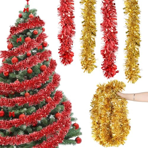LOMIMOS 6 PCS Guirlande de Noël pour Sapin,Guirlandes Tinsel Noël Rouge et Or Décoration Intérieure et Extérieure pour Fête Anniversaire Mariage 2m *9cm