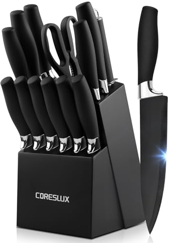CORESLUX Messerblock mit Messer 15-teilig, Scharf Edelstahl Messerset Set mit Block, Küchenmesser Set mit Kochmesser, Antihaftbeschichtung, Ergonomischen-Griff, Schwarz