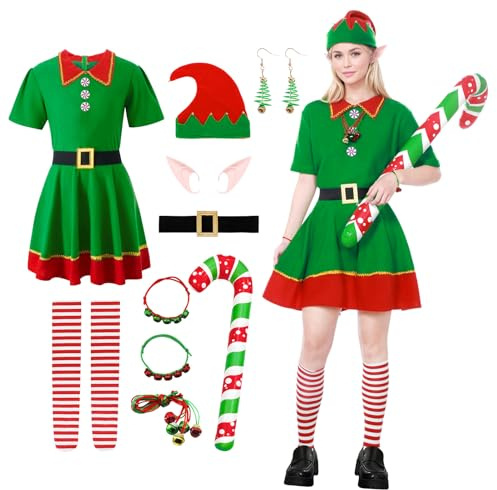 Alaiyaky Elfen Kostüm Damen Herren, 14 Stück Weihnachtself Kostüm Wichtelkostüm mit Hut Ohren Halskette Gürtel Armband Krücken, Weihnachtselfen Outfits Weihnachtskostüm für Erwachsene