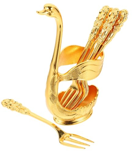 Gold Alloy Dessert Fork Set with Swan Shaped Stand 7pcs