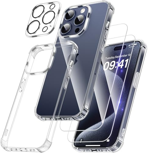 FLLAO 4 in 1 Handyhülle für iPhone 15 Pro Max Hülle mit 2 Schutzfolie und 1 KameraSchutz,Ultradünn Anti-Vergilbung Kristallklar HandyHülle Stoßfest Kratzfest Schutzhülle, Transparent