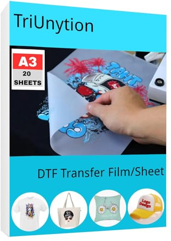 TriUnytion DTF Película de Transferencia A3 (29,7 X 42 cm), Doble Cara Mate Papel de Transferencia DTF Transparente Pet, Papel Transfer para Camisetas, Textil, Ropa, Sombrero (20 Hojas)