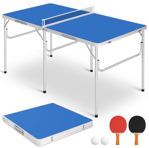 REAHOISY Mid-Size Portable Ping Pong Table, Compact Foldable Table Tennis Table Set w/Net, 2 Paddles & 2 Balls for Indoor Outdoor, Small Spaces and Apartments, Thickened Aluminum Frame (Blue)