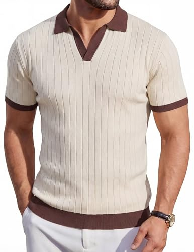 Remxi Men's Knit Polo Shirts Short Sleeve Ribbed Knitted Golf Shirt Lightweight T Shirts with Contrast Collar