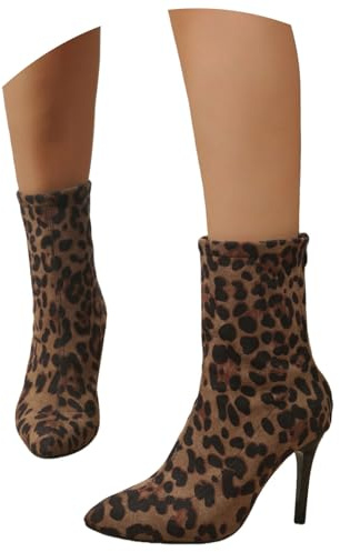 Vintage Ankelstövlar Med Leopardmönster Sexiga Höga Klackar For Kvinnor Med Spetsiga Tå Korta Mockastövlar Med Dragkedja Plus Size Ankelskor, 36-43EU(41 EU)
