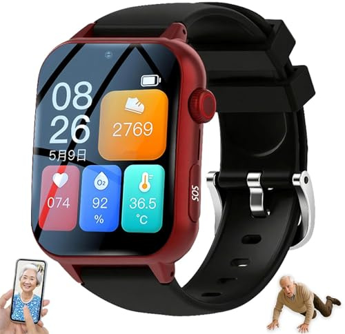 Montre Connectée Pour Seniors, Montre De Sécurité Pour Seniors Autonomes, Alerte SOS Et Chute, Traceur GPS, Appels Bidirectionnels HD, Alarme Personnelle Avec Bouton D'assistance D'urgence(Red)