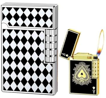 Accendino retrò in metallo con fiamma morbida, accendino a gas con mola scorrevole laterale e suono metallico, for campeggio con candele (combustibile non incluso)(Black Silver2)