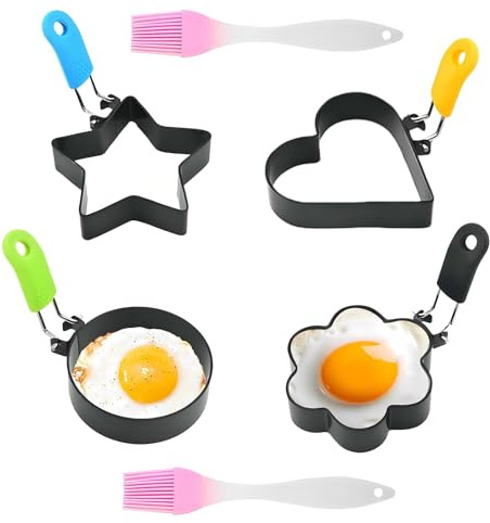 Dwitkul 4 Pièces Moules Anneaux d'Oeuf Antiadhésifs Acier Inoxydable Moule Oeuf au Plat Poché avec Poignées Pliantes en Protection Thermique Moule Pancake avec Anti-Brûlure Silicone Brosse (4 Formes)