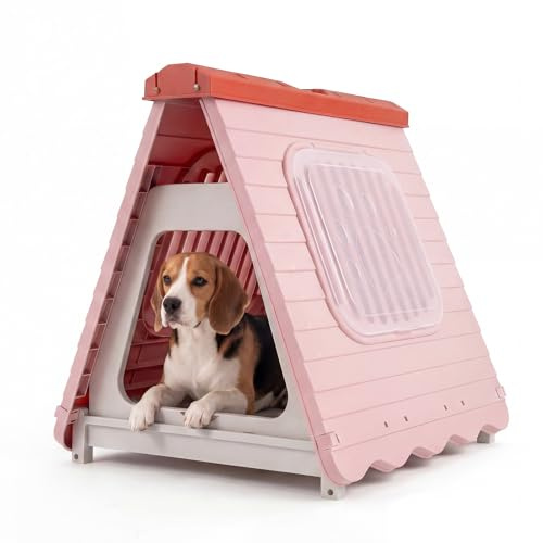 FANTASK Hundehütte Outdoor, Klappbares Hundehaus aus Kunststoff, Tragbare Hundehöhle mit abschließbarer Klappe & belüfteten Fenstern, Für kleine & mittelgroße Hunde, 72 x 60 x 68 cm (Rosa)