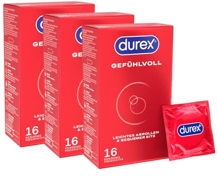Durex Gefühlvoll Kondome – anatomische Easy-On-Form, mit viel Silikongleitgel, reguläre Passform 48 Kondome (3 x 16 Stück)