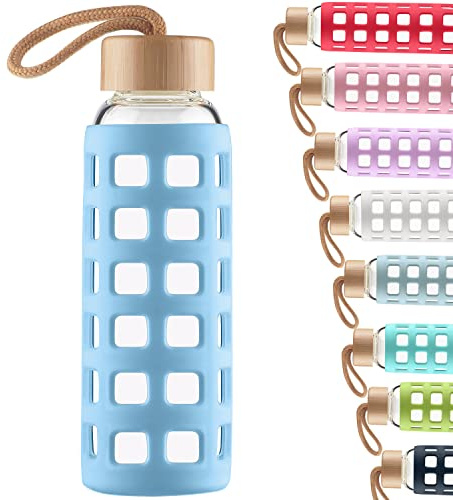 Cleesmil Sports Glass Water Bottle with Silicone Sleeve with Bamboo Lid BPA Free 1000 ml / 1 litre (Blue)