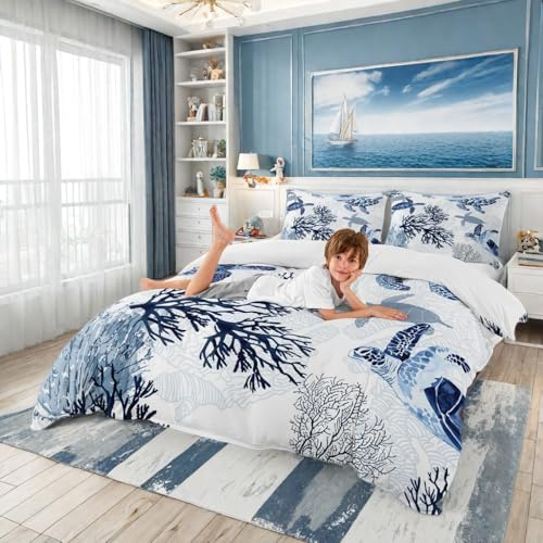 Turtle Bedding Set Twin Nautical Coastal Bedding,White Blue Sea Turtle Comforter Cover for Kids Boys Girls,Reptile Tortoise Duvet Cover Ocean Beach Theme Quilt Cover Kawaii Sea Animal Bedspread Cover