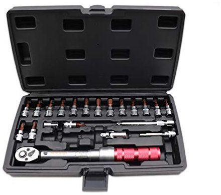 HIOD Jeu de Clés Dynamométriques 20 PCS Lecteur 1/4 Pouce 2-20Nm pour Kit de Réparation pour Entretien de Vélo de Route et de Montagne avec Douille Allen & Torx et Joint Universel