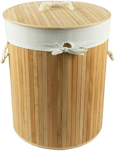 HRB Wäschekorb mit Deckel Bambus in beige, Wäscheaufbewahrung mit herausnehmbaren Wäschesack aus Baumwolle, faltbar, Wäsche Sortierer mit einem Ø 40 cm (Beige)