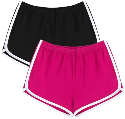 URATOT Women's Cotton Gym Yoga Summer Running Active Dance Elastic Shorts, Pack of 2 Black, Hot Pink