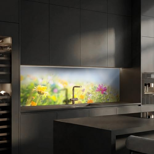 Dedeco Küchenrückwand 240x60 cm, Blumen V3, 3mm Acrylglas – Spritzschutz Küche, Spüle & Herd, wasserfest, Glasoptik, Küchenfront, Wandverkleidung, Fliesenersatz, Fliesenspiegel