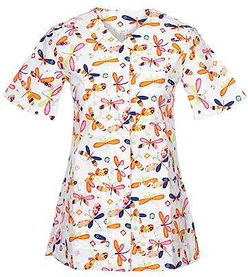 DINOZAVR Carla Uniforme Medica - Medico Casacca da Donna con Bottoni a Pressione - Bianco/Libellule S
