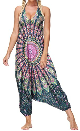 Nuofengkudu Women's Jumpsuit Harem Trousers Sleeveless Backless Deep V Neck Ethnic Print Loose Fit Romper Overalls Summer Beach Holiday Yoga Pants S-Green Flower A One Size