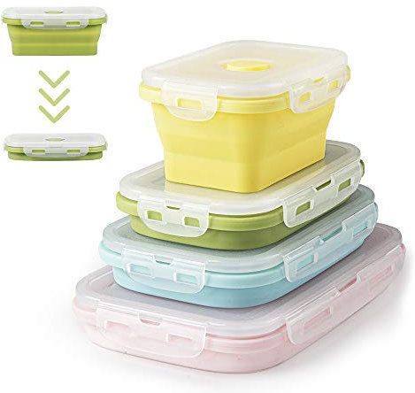 Virklyee Boîte à Lunch Pliante en Silicone 4 PCS Support Pliable conteneurs de Stockage de Nourriture Silicone Pliable Multicolore Alimentaires en Multicolore(Couleur Claire o2)