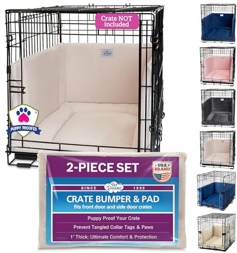 Pet Dreams Dog Crate Bumper & Mat Set- Patented Comfy Liner & Dog Tail Protector for Inside Crate, fits iCrate Cages 18, 24, 30, 36, 42, 48 Inches (Ivory, Large, 36“)