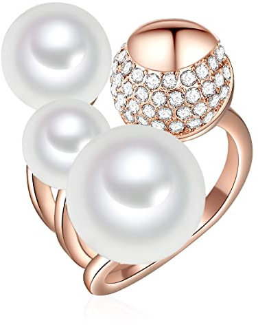 Lulu & Jane Damen-Ring aus Messing rosévergoldet mit Muschelkernperlen Rund 8-12 mm weiß Glassteine - Perlenring Cocktailring