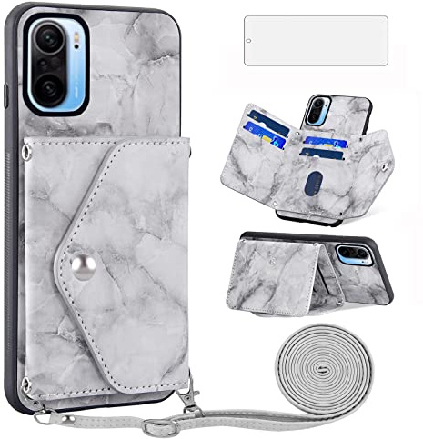 Asuwish Funda para Xiaomi Poco F3/Mi 11i 5G con Cuerda y Cristal Protector de Pantalla Tarjetero Plegable Cadena Cuero Monedero Mi11i/11X Pro/Redmi K40 Plus Carcasa Case Gris
