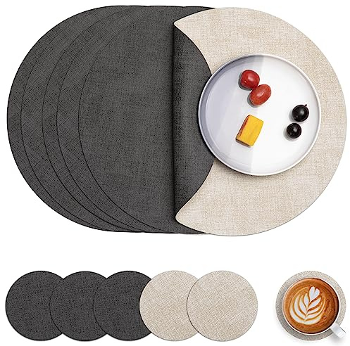 Myir JUN Tischsets abwaschbar Leder und Untersetzer doppelseitig Platzset | Platzset Rund Ø 36cm 6er Set rutschfest Glasuntersetzer Platzdeckchen Kunstleder Tischset (Grau Cremeweiß, 6er Set)