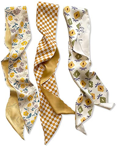 LumiSyne 3 Stück Seidenschal Skinny Schal Damen Mädchen Schmaler Lange Halstuch Frischer Blume Druck Schachbrett Polka Dots Muster Satin Ribbon Seidentüch Kopfschmuck Haarschal Handtasche Griff Band