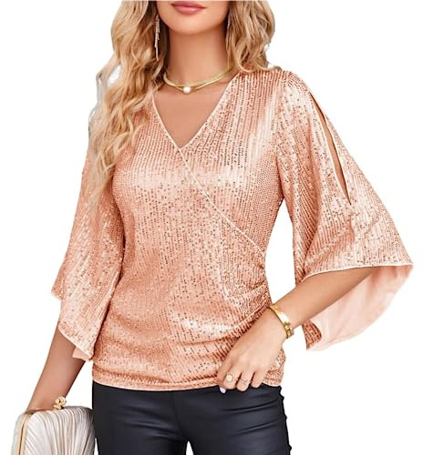 GRACE KARIN Damen Pailletten Bluse Festliche 3/4 Ärmel Elegante Oberteil | 3/4-lange Schlitzärmel im Cape-Stil, Überkreuzter V-Ausschnitt, Pailletten besetzt, Cocktail- und partytauglich