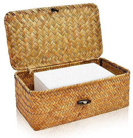 SULICRE Dryer Sheet Holder, Woven Seagrass Dryer Sheet Container with Lid, Farmhouse Dryer Sheet Box Decor, Dryer Balls Dispenser for Laundry Room Organization and Storage-natural color