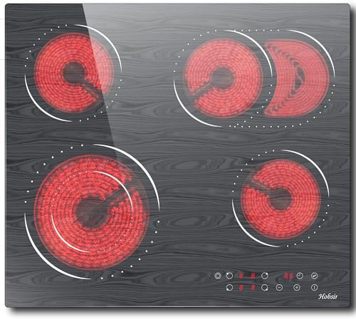 Ceramic Hob,Hobsir 4 Zone Built-in Electric Hob 60cm, Ceramic Cooktop with Touch Control, 6400W, 9 Power Levels, Dual Ring Zone, Oval Zone, Timer, Child Lock, for All Pots, Hard Wired,LH06