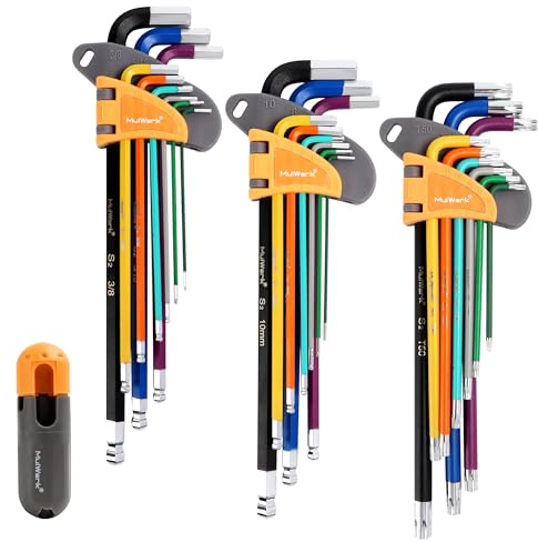 MULWARK 28-teiliger Inbusschlüssel-Satz, langarmiger Sechskant-Winkelschraubendreher mit T-Griff und Kugelkopf | SAE 1/16–3/8, Metrisch 1.5–10mm, Torx T10–T50 | S2-Stahl Inbusschlüssel-Satz