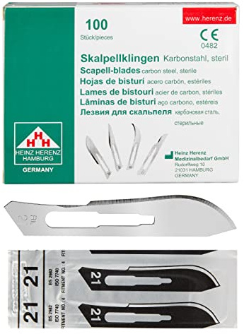 Shehadeh - 100 Stück sterile Skalpellklingen Figur 21 für Skalpellhalter Nr. 4 - Extrem scharf