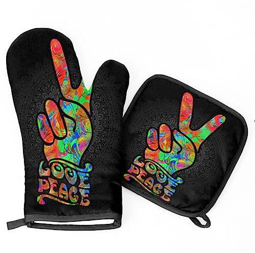 Topflappen Und Topflappen Set Von 2 Friedensliebeszeichen Mandala Grillhandschuhe Mit Innere Baumwollschicht Topfhandschuhe Hitzebeständige Kochhandschuhe, Für Küche, Cafe