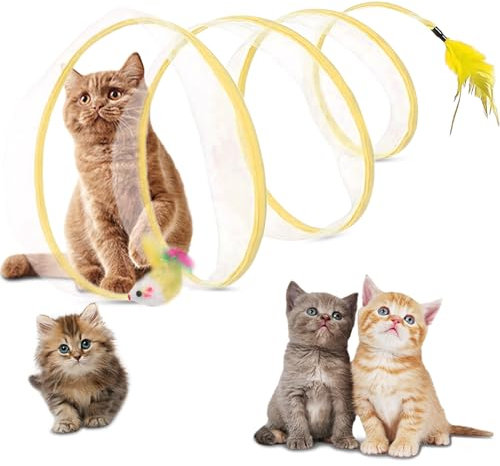 Katzentunnel Katzenspielzeug Tunnel，25 cm Faltbarer Katzentunnel，Großer Tragbarer Katzenspielzeug-Spiraltunnel Mit Federspielzeug und Spielzeugmäuse，kaninchentunnel， für Alle Katzen Kaninchen Welpen